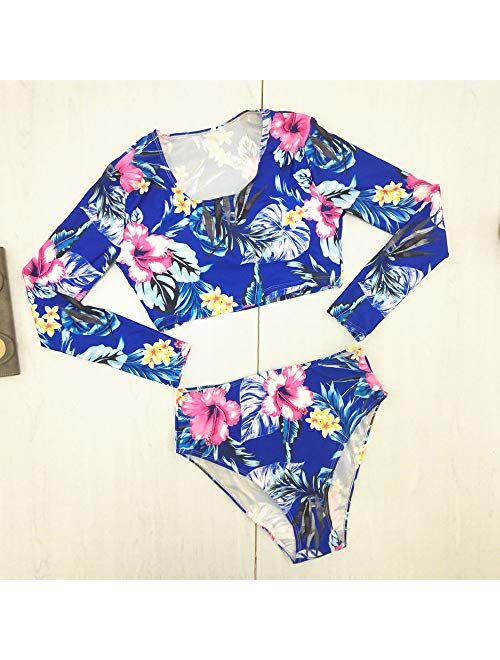 Multitrust Women Two Piece Floral Print Long Sleeve Bikini Set Swimsuit High Waisted Bottom Bathing Suit