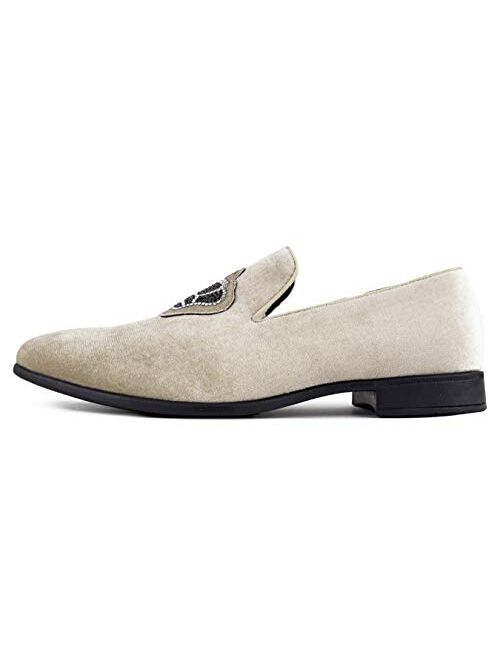 Amali Crown - Velvet Men’s Slip-On Shoes with Jewelry Crown Piece - Smoking Slip On Dress Shoes for Men
