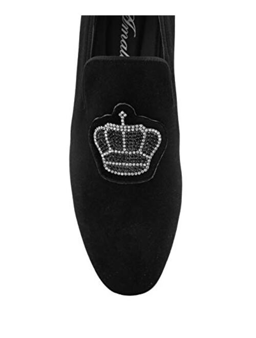 Amali Crown - Velvet Men’s Slip-On Shoes with Jewelry Crown Piece - Smoking Slip On Dress Shoes for Men