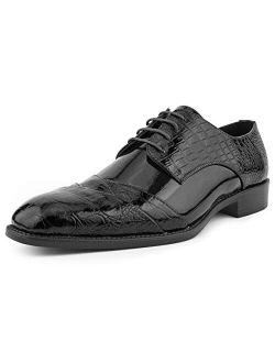 Bolano Bandit Men's Oxford Dress Shoes - Croc Folded Cap Toe Formal Dress Shoes for Men with Alligator Print and EEL Skin Trim - Designer Formal Shoes with Lace Tie