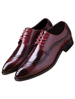 Santimon Oxford Shoes Men Brogue Pointed Toe Wingtip Lace-up Leather Formal Dress Shoes Black Tan Red