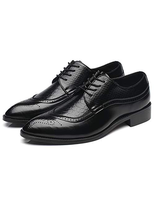 Oxford Shoes Men Brogue Pointed Toe Wingtip Lace-up Leather Formal Dress Shoes Black Tan Red