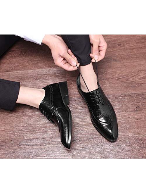Santimon Oxford Shoes Men Brogue Pointed Toe Wingtip Lace-up Leather Formal Dress Shoes Black Tan Red