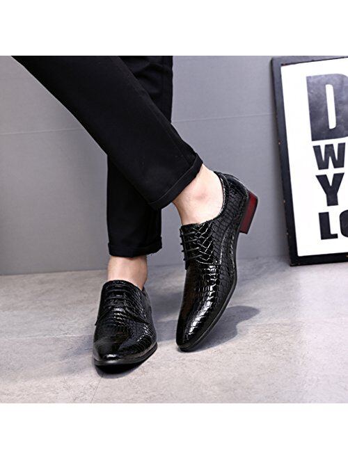 Oxford Dress Shoes Men Pointed-Toe Italy Alligator Patent Leather Lace-up Wedding Formal Derby Shoes