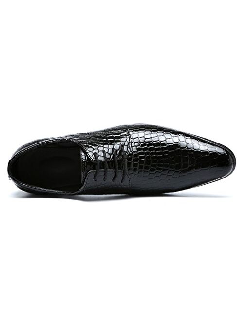 Oxford Dress Shoes Men Pointed-Toe Italy Alligator Patent Leather Lace-up Wedding Formal Derby Shoes