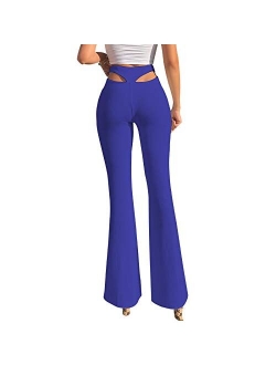 Women High Waisted Hallow Out Bell Bottom Pants Wide Leg Stretch Yoga Exercise Pants Workout Trousers