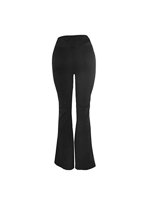 Multitrust Women High Waisted Hallow Out Bell Bottom Pants Wide Leg Stretch Yoga Exercise Pants Workout Trousers