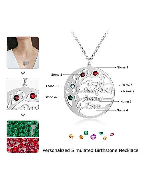 Personalized Family Tree Necklace Engraved Name & Birthstone