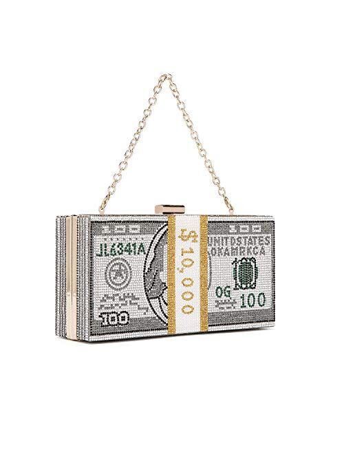 Hearty Trendy Hundred Dollar Bill Box Clutch Handbag Shoulder Bag Crossbody Bag Rhinestone Handbag