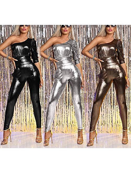 IyMoo Women Sexy Clubwear Jumpsuit One Shoulder Slit Sleeve High Waist One Piece Pant Outfit Bodycon Romper