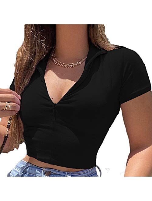 Multitrust Women Girls Solid Basic Zip up Crop T Shirts Tops Stand Collar Y2K Fashion E-Girl Short Sleeve Tee Top