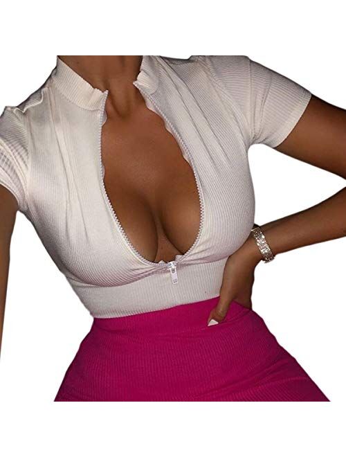 Multitrust Women Sexy Zipper Front V Neck Ribbed Crop Top Blouse Short Sleeve Casual Basic T Shirt Tee