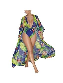 Sexy Women Two Piece Floral Deep V One Piece Swimsuit and Kimono Cover Up Bathing Suit Beach Swimwear Cover-up