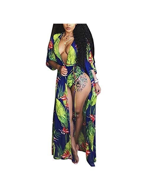 Multitrust Sexy Women Two Piece Floral Deep V One Piece Swimsuit and Kimono Cover Up Bathing Suit Beach Swimwear Cover-up