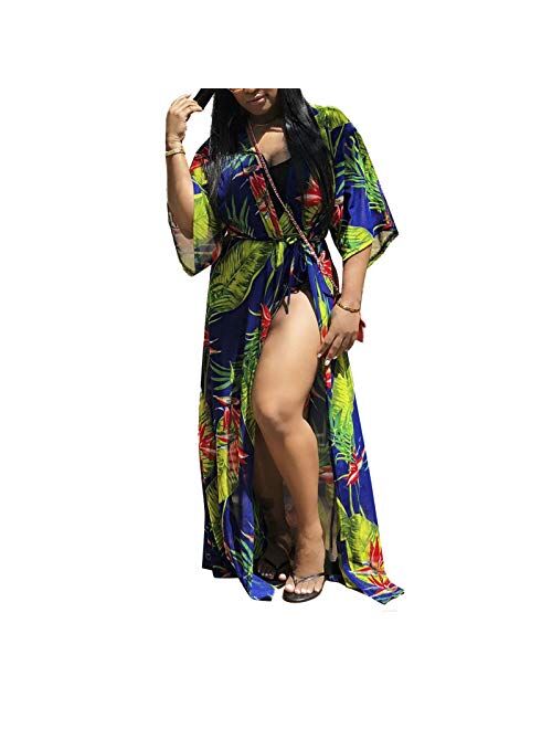 Multitrust Sexy Women Two Piece Floral Deep V One Piece Swimsuit and Kimono Cover Up Bathing Suit Beach Swimwear Cover-up
