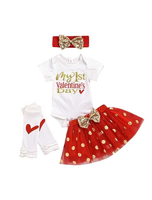 Multitrust Infant Baby Girl My 1st Valentines Day Bodysuit Romper and Tutu Skirt with Headband Outfits
