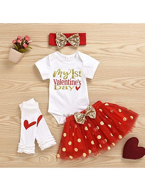 Multitrust Infant Baby Girl My 1st Valentines Day Bodysuit Romper and Tutu Skirt with Headband Outfits