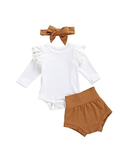 Infant Baby Girls Orangnic Cotton Ruffled Sleeve Bodysuit Tops   Floral Shorts Baby Girl Clothes Set