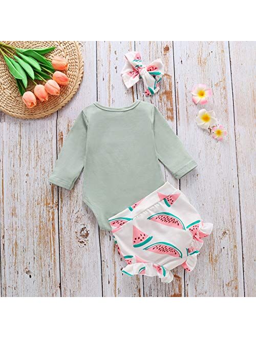 Multitrust Infant Baby Girls Orangnic Cotton Ruffled Sleeve Bodysuit Tops + Floral Shorts Baby Girl Clothes Set