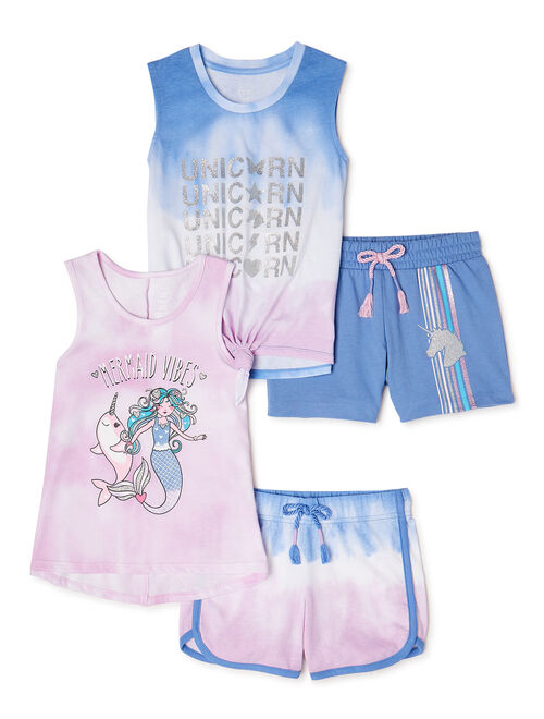 Wonder Nation Girls Graphic Tank Tops and Shorts, 4-Piece Outfit Set, Sizes 4-18 & Plus