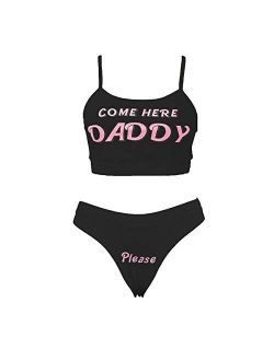 Sexy Women Come Here Daddy Please Print Strappy Lingerie Set 2PCS See Tank Tops and Panty Sets Pajamas Sleepwear