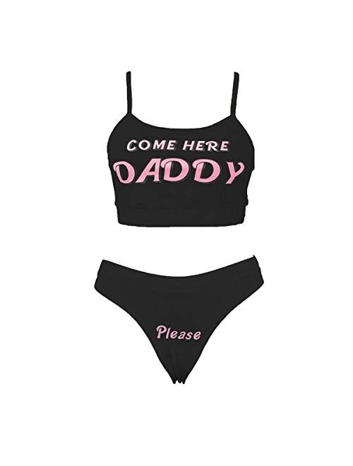 Multitrust Sexy Women Come Here Daddy Please Print Strappy Lingerie Set 2PCS See Tank Tops and Panty Sets Pajamas Sleepwear