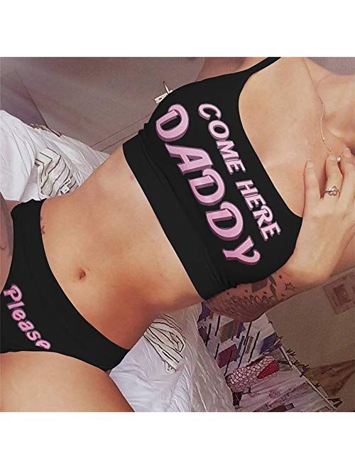 Multitrust Sexy Women Come Here Daddy Please Print Strappy Lingerie Set 2PCS See Tank Tops and Panty Sets Pajamas Sleepwear