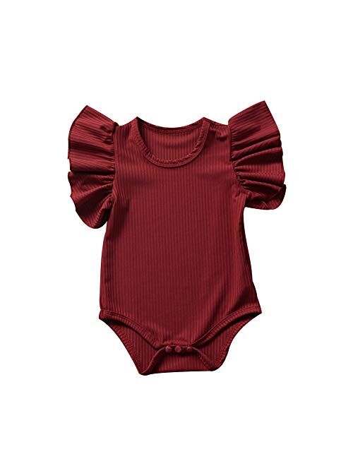 Multitrust Toddler Baby Girl Ruffled Short Sleeve Organic Cotton Bodysuit Romper Solid Casual Tops Onesies Summer Clothes