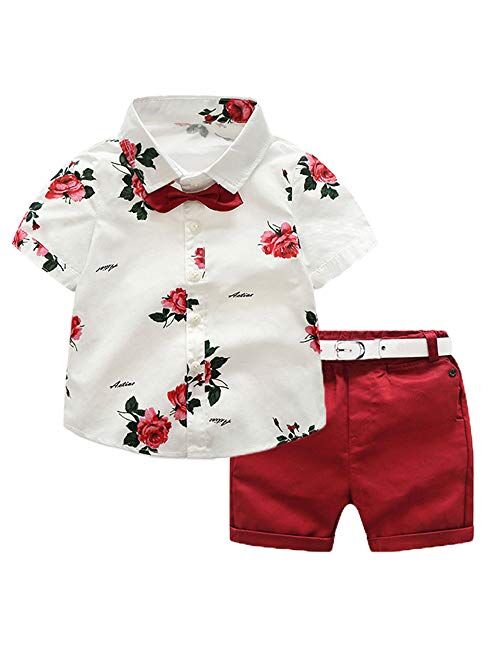 Multitrust Little Baby Boy Cartoons Print Button Down T Shirt Dress Tops and Shorts Pants Gentlemen Outfit Casual 2pcs Summer Set