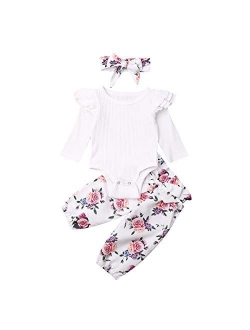 Newborn Baby Girl Organic Cotton Ruffled Long Sleeve Bodysuit Tops   Floral Harem Pants Baby Clothes Set