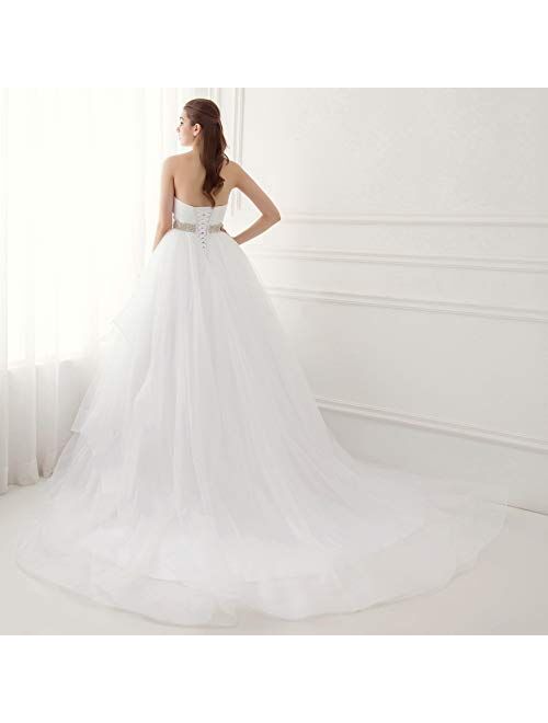 Ubridal Sweetheart Ball Gown Beading Sash Ruffles Tulle Wedding Dress Bridal Gown