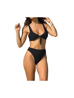 Sexy Women Two Piece Tie Up Front Bikini Set Hight Waisted Thong Bottom Swimsuit Bathing Suit
