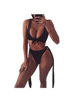 Women Sexy Deep V Push Up Two Piece Bikini Set with Bowknot Tie Up Side Botom Bathing Suit