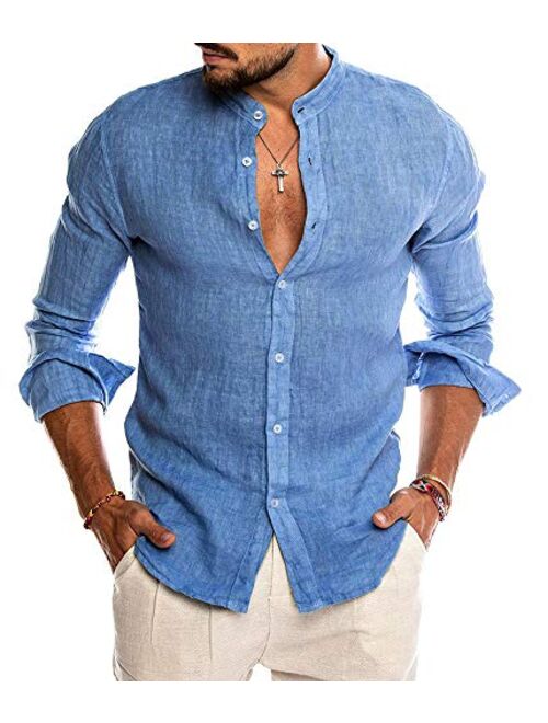 Multitrust Men 's Long Sleeve Cotton Button Down Dress Shirt Casual Stand Collar Slim-Fit Beach Shirts Tops