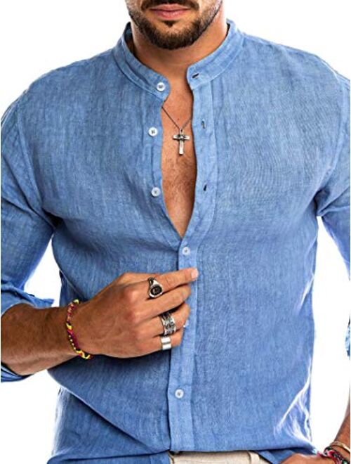 Multitrust Men 's Long Sleeve Cotton Button Down Dress Shirt Casual Stand Collar Slim-Fit Beach Shirts Tops
