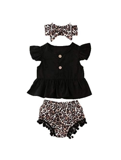 Toddler Baby Girls Button Ruffled Sleeve Shirts Tops and High Waisted Shorts with Headband Baby Girl Outfits