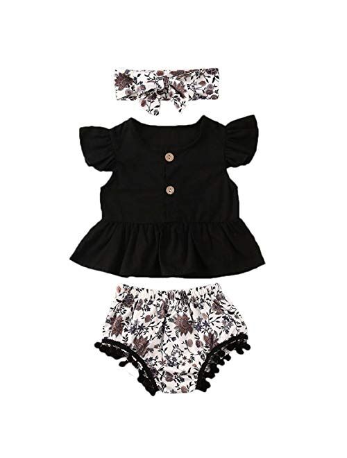 Multitrust Toddler Baby Girls Button Ruffled Sleeve Shirts Tops and High Waisted Shorts with Headband Baby Girl Outfits