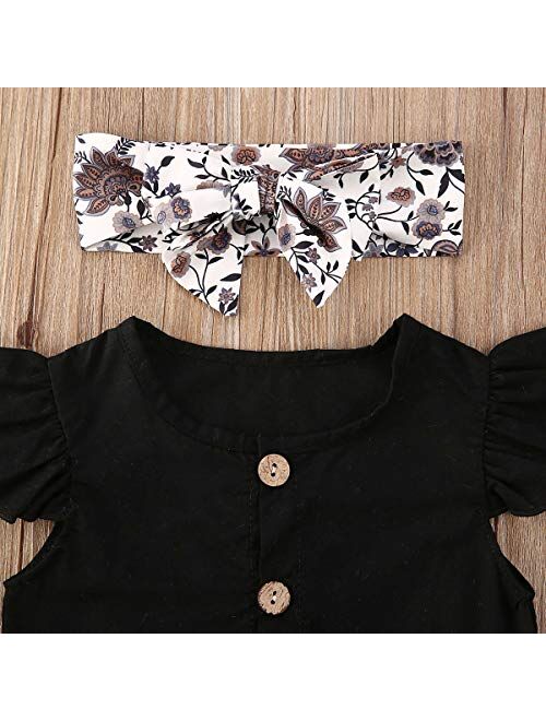 Multitrust Toddler Baby Girls Button Ruffled Sleeve Shirts Tops and High Waisted Shorts with Headband Baby Girl Outfits