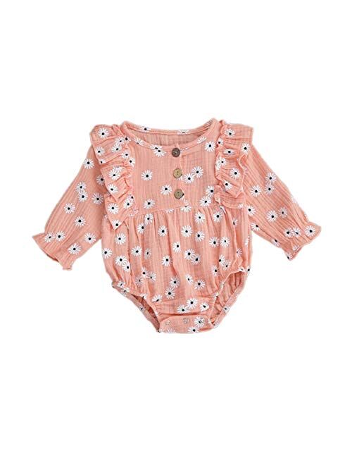 Multitrust Toddler Baby Girls Floral Ruffled Sleeve Onesies Bodysuit Outfit Long Sleeve Baby Girl Romper Onesie