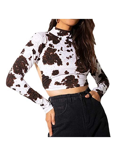 Multitrust Women Girls Y2K Gothic Graphic Print Crop T Shirts Tops Sexy Backless E-Girl Long Sleeve Crop Tee Streetwear