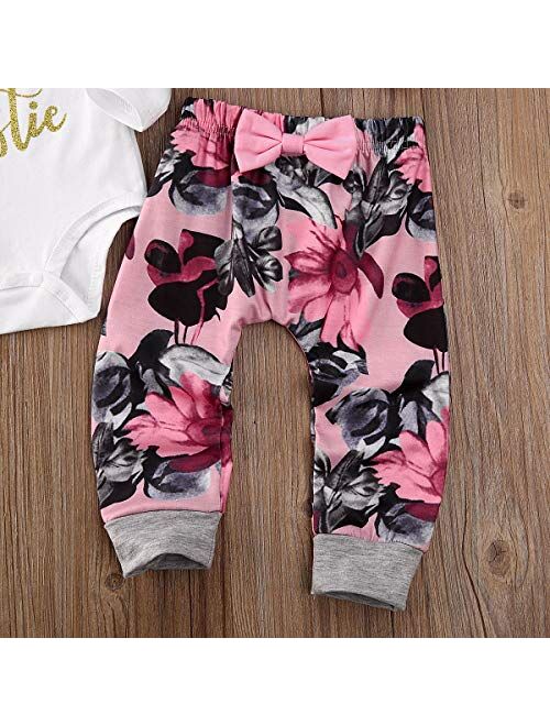 Multitrust Newborn Baby Girl Boy Cotton Funny Letter Bodysuit Romper Tops + Floral Harem Pants Clothes Set