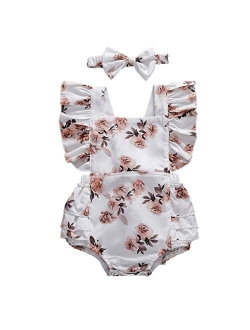 Infant Baby Girls Floral Ruffled Sleeveless Romper Bodysuit wit Headband One Piece Onesie Jumpsuit Outfits