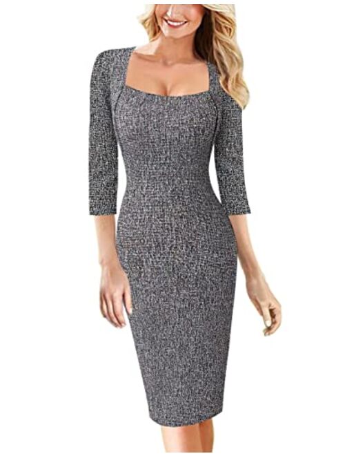 VFSHOW Women's Square Neck Work Business Cocktail Party Bodycon Sheath Dress