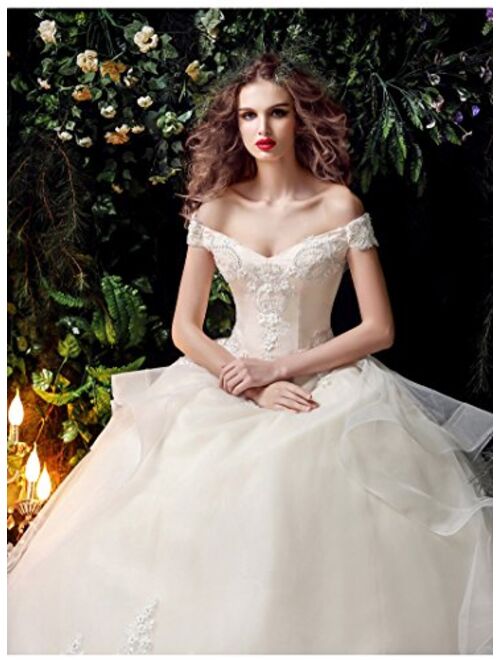 Beauty-Emily Lace Organza Off The Shoulder Ball Wedding Dress