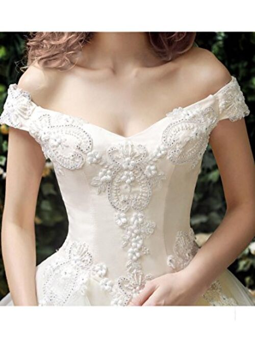 Beauty-Emily Lace Organza Off The Shoulder Ball Wedding Dress