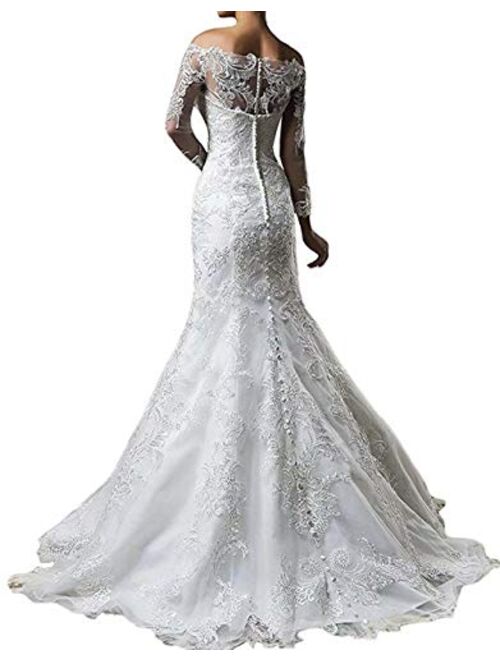 Onlylover Women's Long Sleeves Off The Shoulder Lace Mermaid Detachable Train Wedding Dress