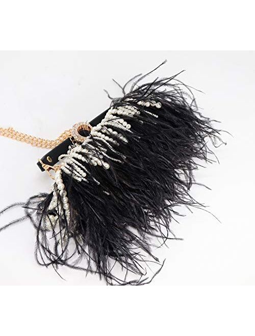 ZAKIA Ostrich Feather with Beads Pearls Bag Clutches Evening Bag for Women Gatsby Bag Wedding Cocktail Birthday Party Purse