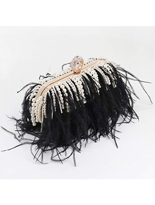 ZAKIA Ostrich Feather with Beads Pearls Bag Clutches Evening Bag for Women Gatsby Bag Wedding Cocktail Birthday Party Purse