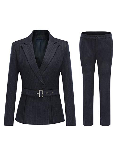 Women's 2 Piece Office Lady Stripes Business Suit Set Slim Fit Blazer Jacket Pant