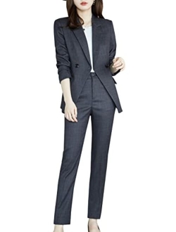 Women's Two Piece Plaid Open Front Long Sleeve Blazer and Elastic Waist Pant Set Suit